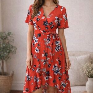 Monteau Red Floral Midi Dress